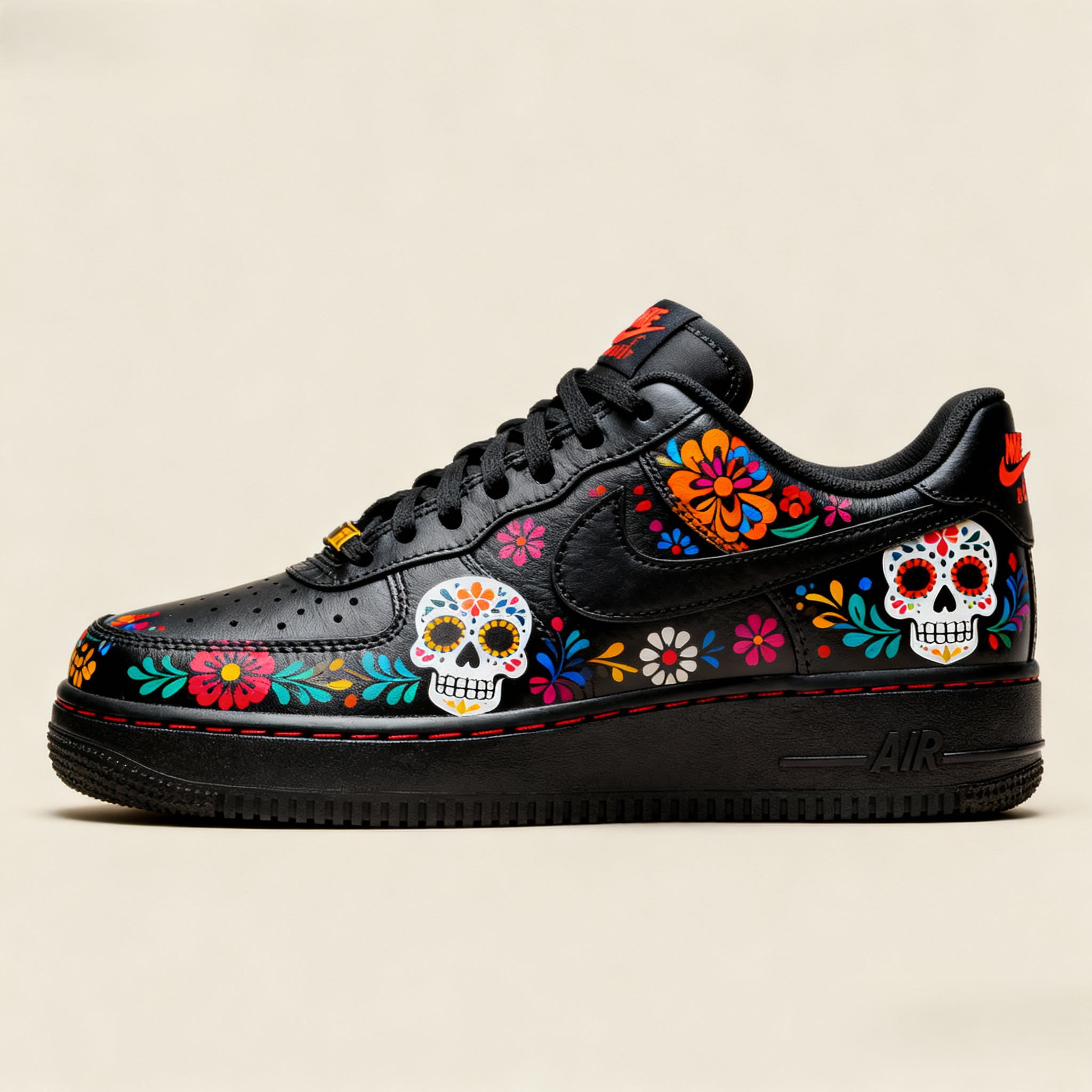 Custom Air Force 1 Black Sugar Skull And Floral Patterns-shecustomize
