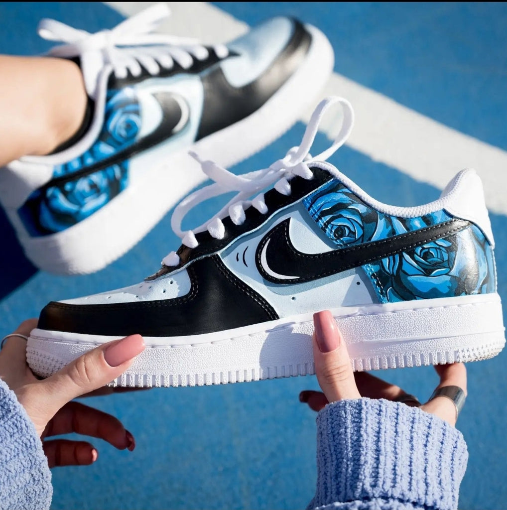 Custom Air Force 1 Black With Blue Roses-shecustomize
