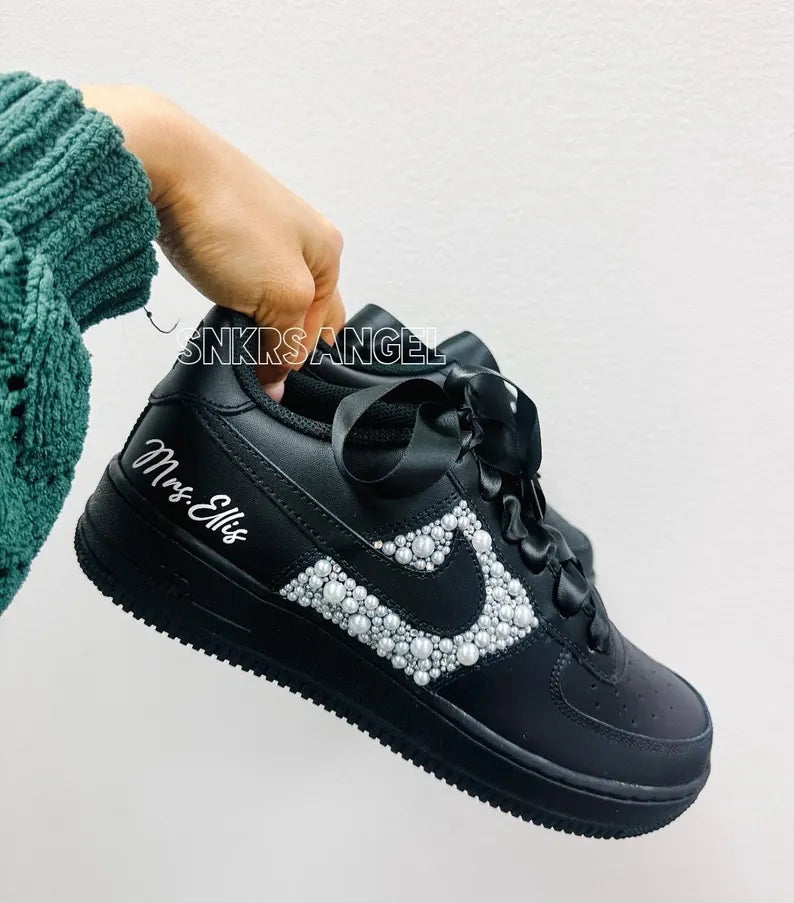 Custom Air Force 1 Black With Pearl Embellishments