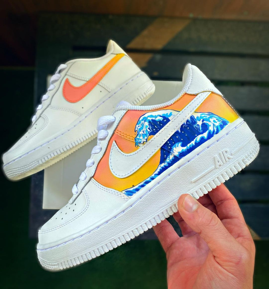 Custom Air Force 1 Orange With Blue Wave Painting – SHECUSTOMIZE