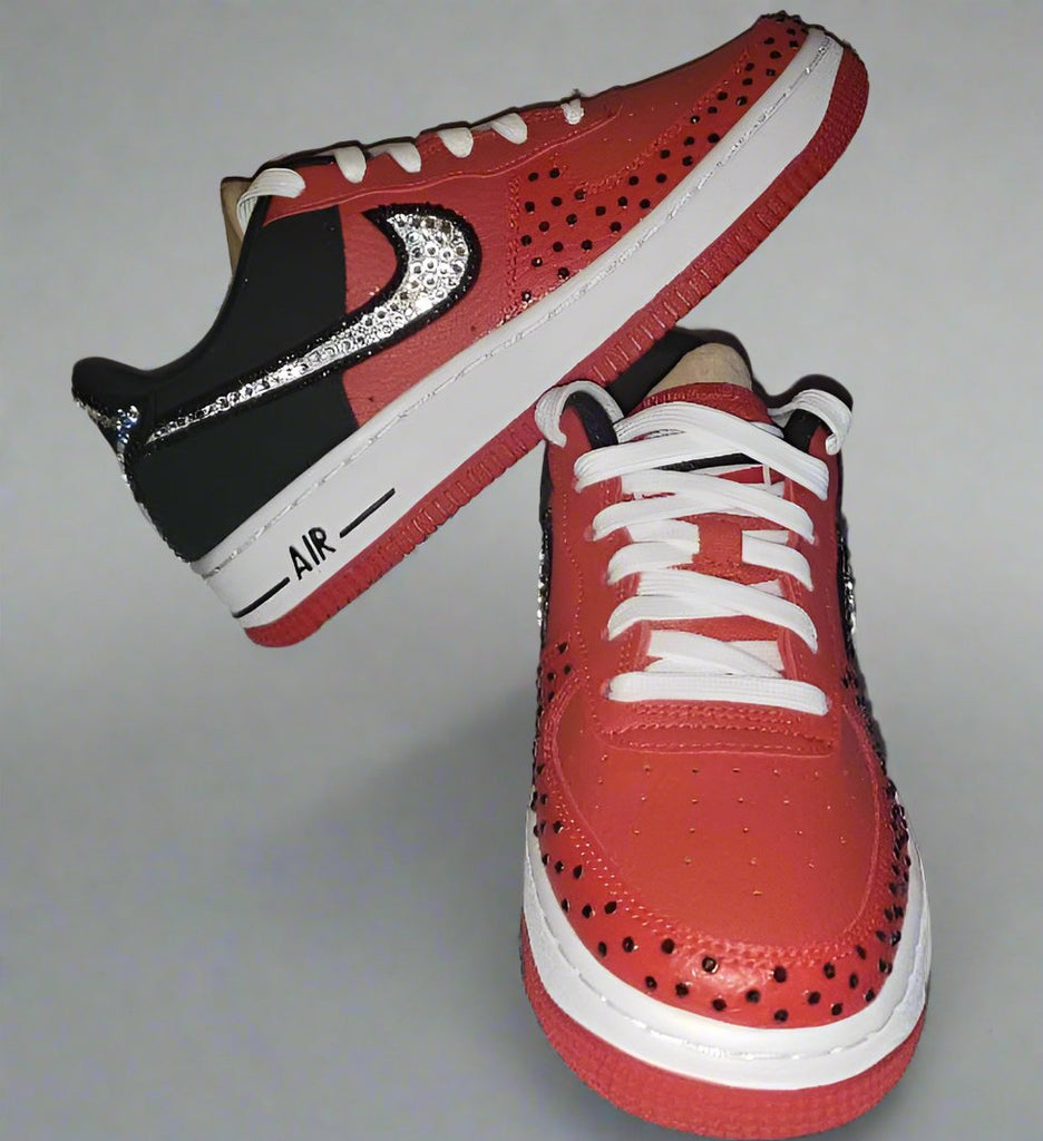 Custom Air Force 1 Red Black With Rhinestones-shecustomize