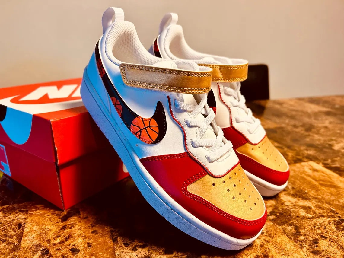 Custom Air Force 1 Red Gold With Basketball Pattern Swoosh-shecustomize
