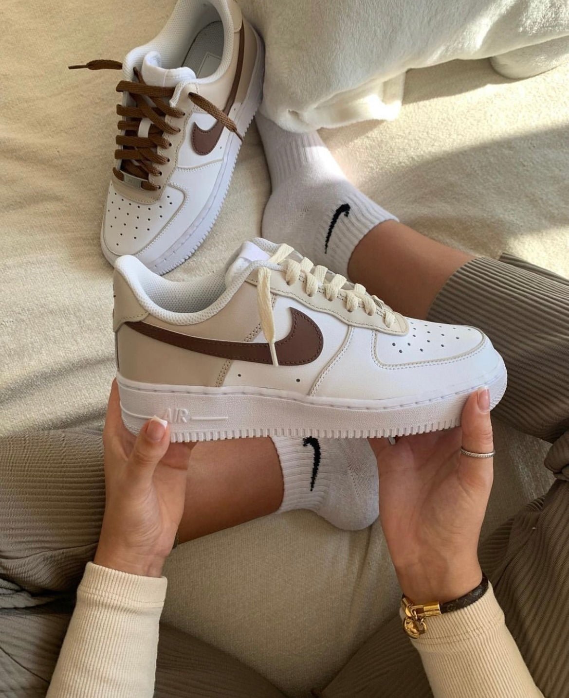 Custom Air Force 1 White Beige Brown Swoosh-shecustomize