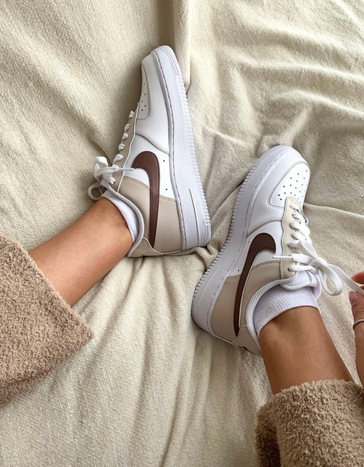 Custom Air Force 1 White Beige Brown Swoosh-shecustomize