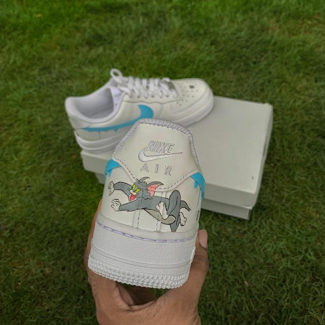 Custom Air Force 1 White Blue Drip Tom And Jerry Pattern-shecustomize