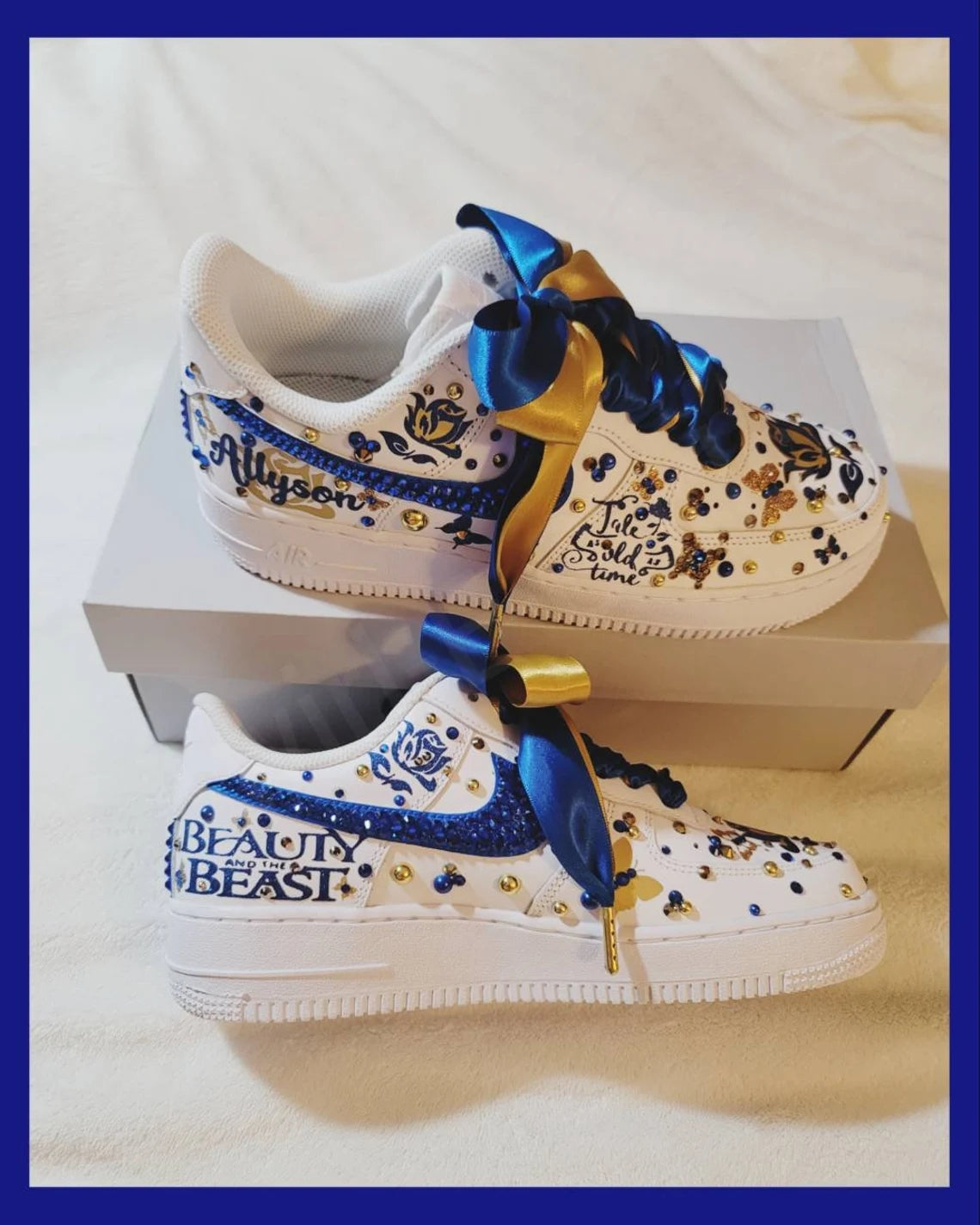 Custom Air Force 1 White Blue Rhinestones Gold With Beauty And the Beast Theme