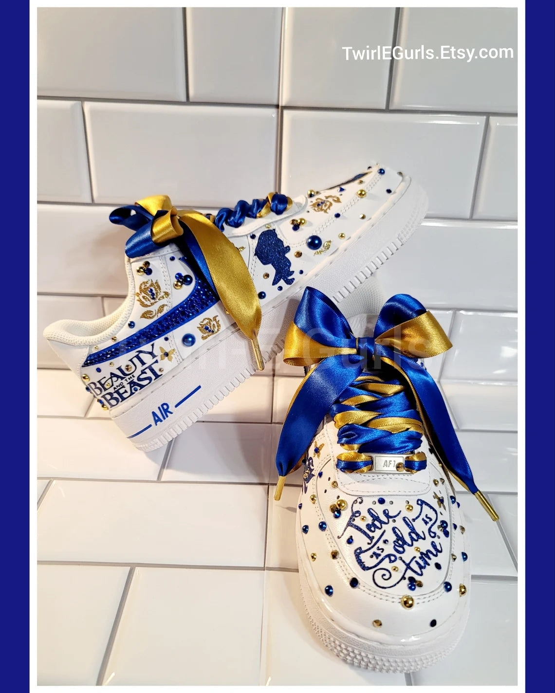 Custom Air Force 1 White Blue Rhinestones Gold With Beauty And the Beast Theme