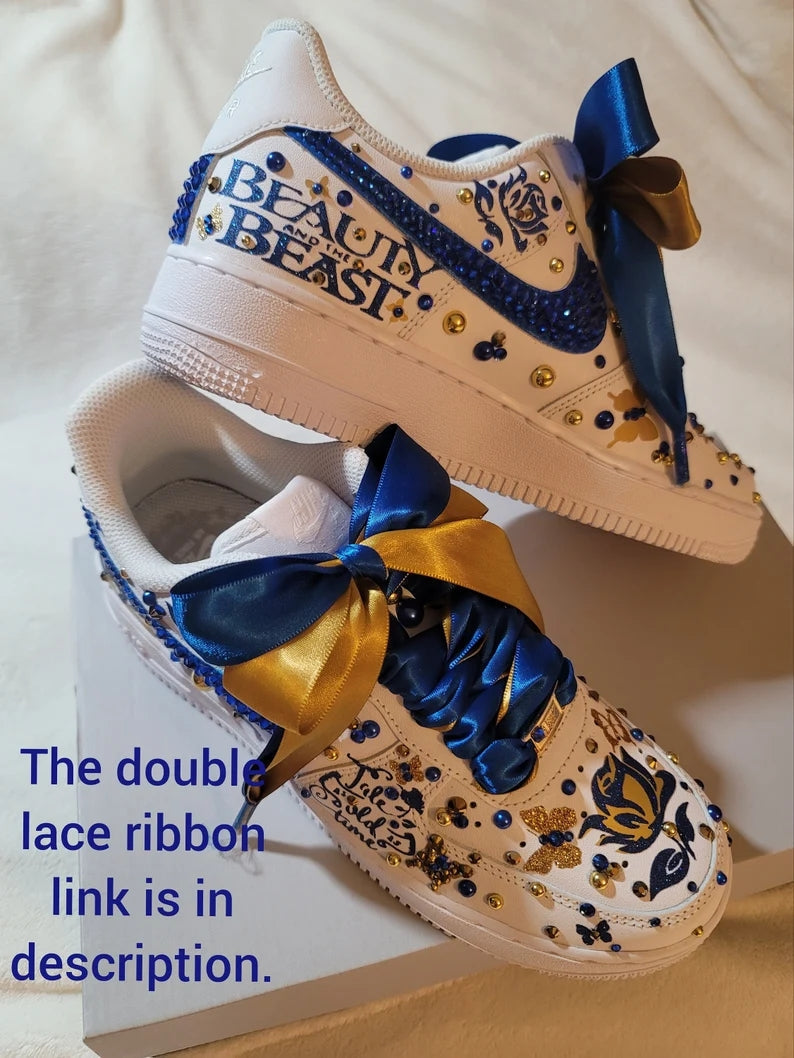 Custom Air Force 1 White Blue Rhinestones Gold With Beauty And the Beast Theme