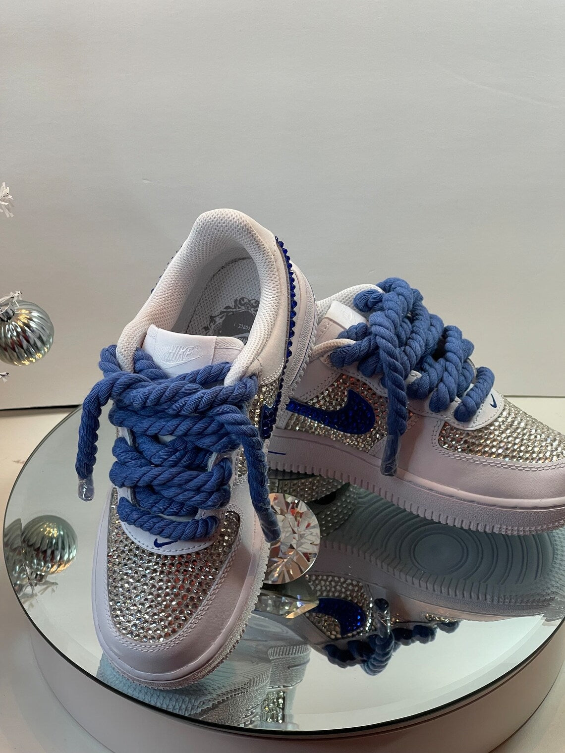 Custom Air Force 1 White Blue With Rhinestones And Rope Laces-shecustomize