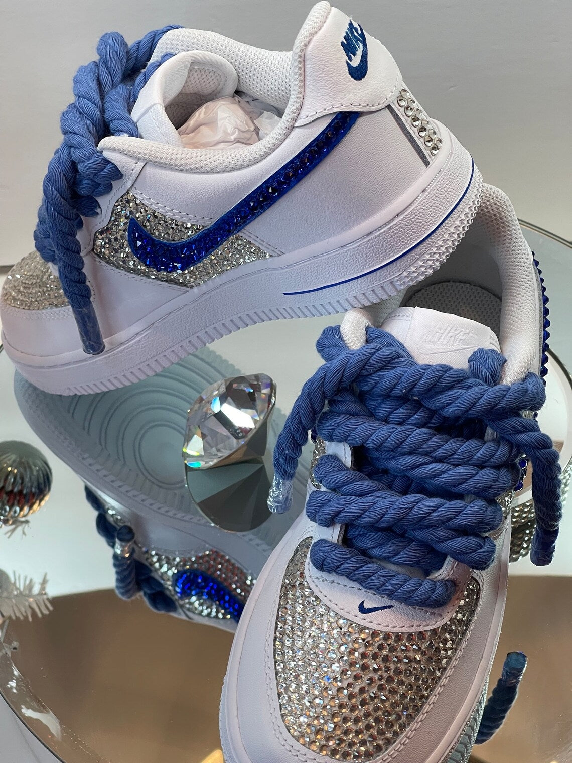 Custom Air Force 1 White Blue With Rhinestones And Rope Laces-shecustomize