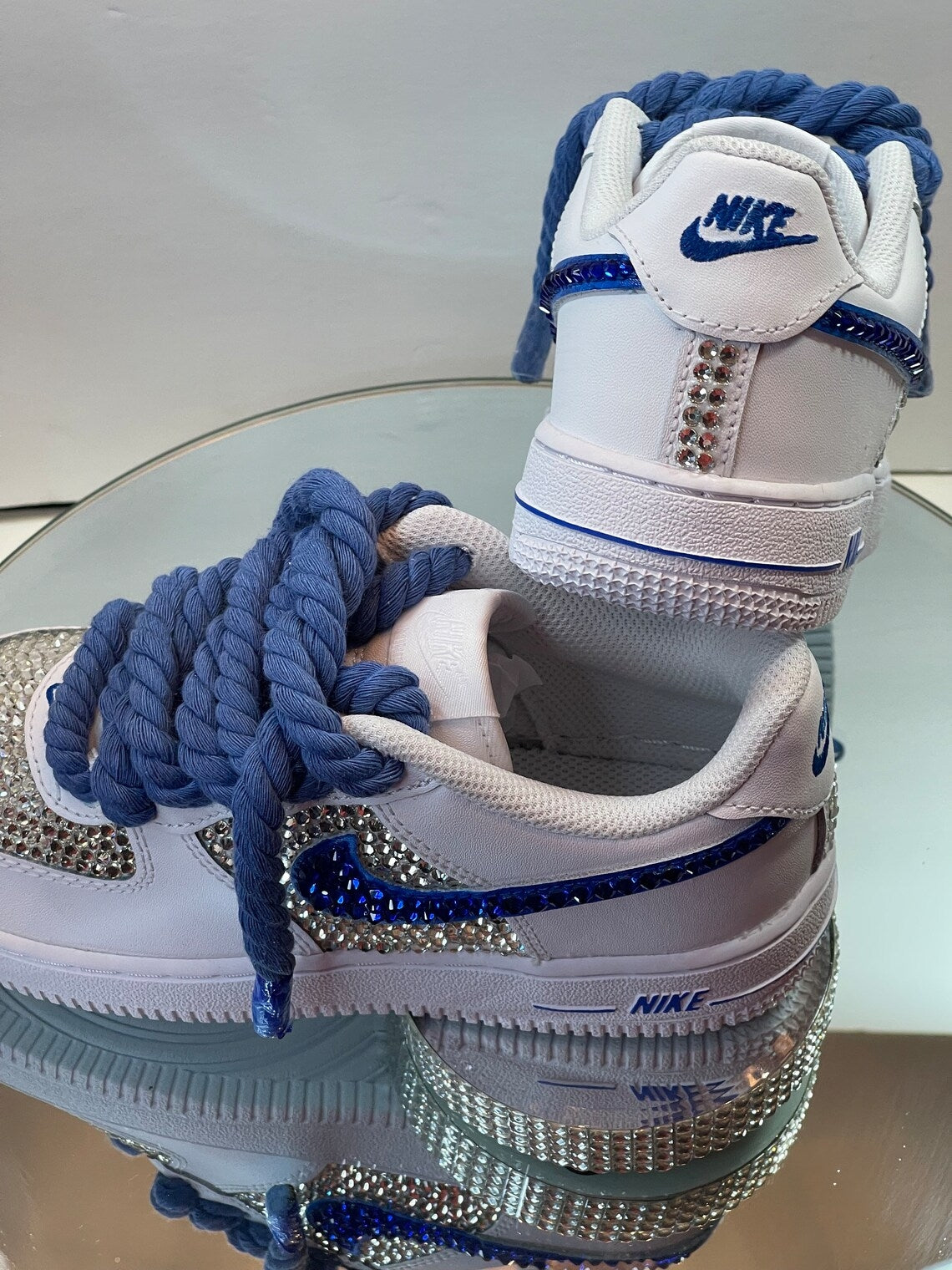 Custom Air Force 1 White Blue With Rhinestones And Rope Laces-shecustomize
