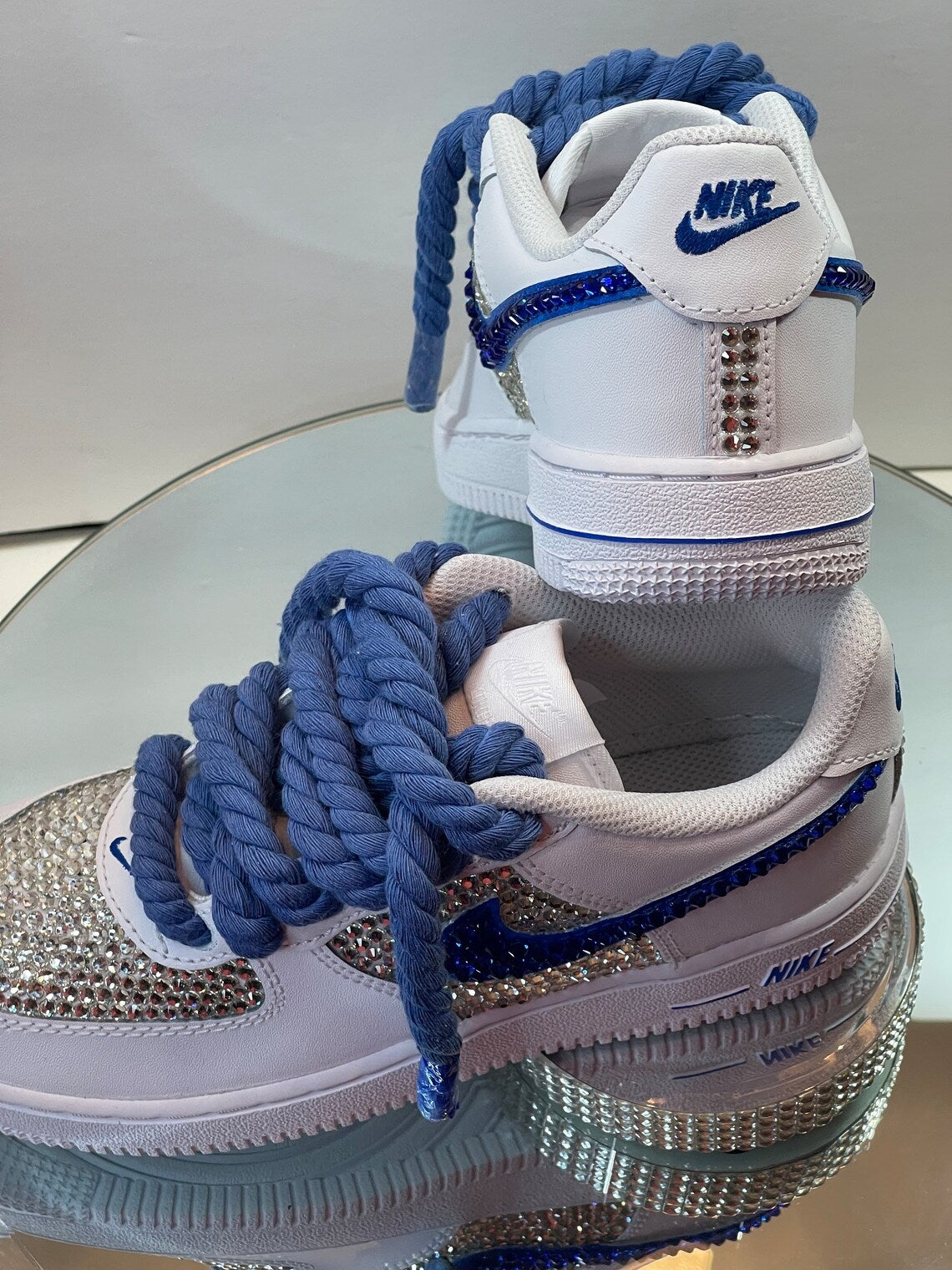 Custom Air Force 1 White Blue With Rhinestones And Rope Laces-shecustomize