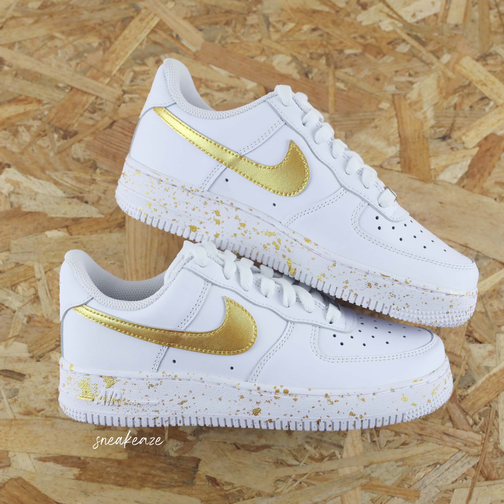 Custom Air Force 1 White Gold Swoosh And Splatter-shecustomize
