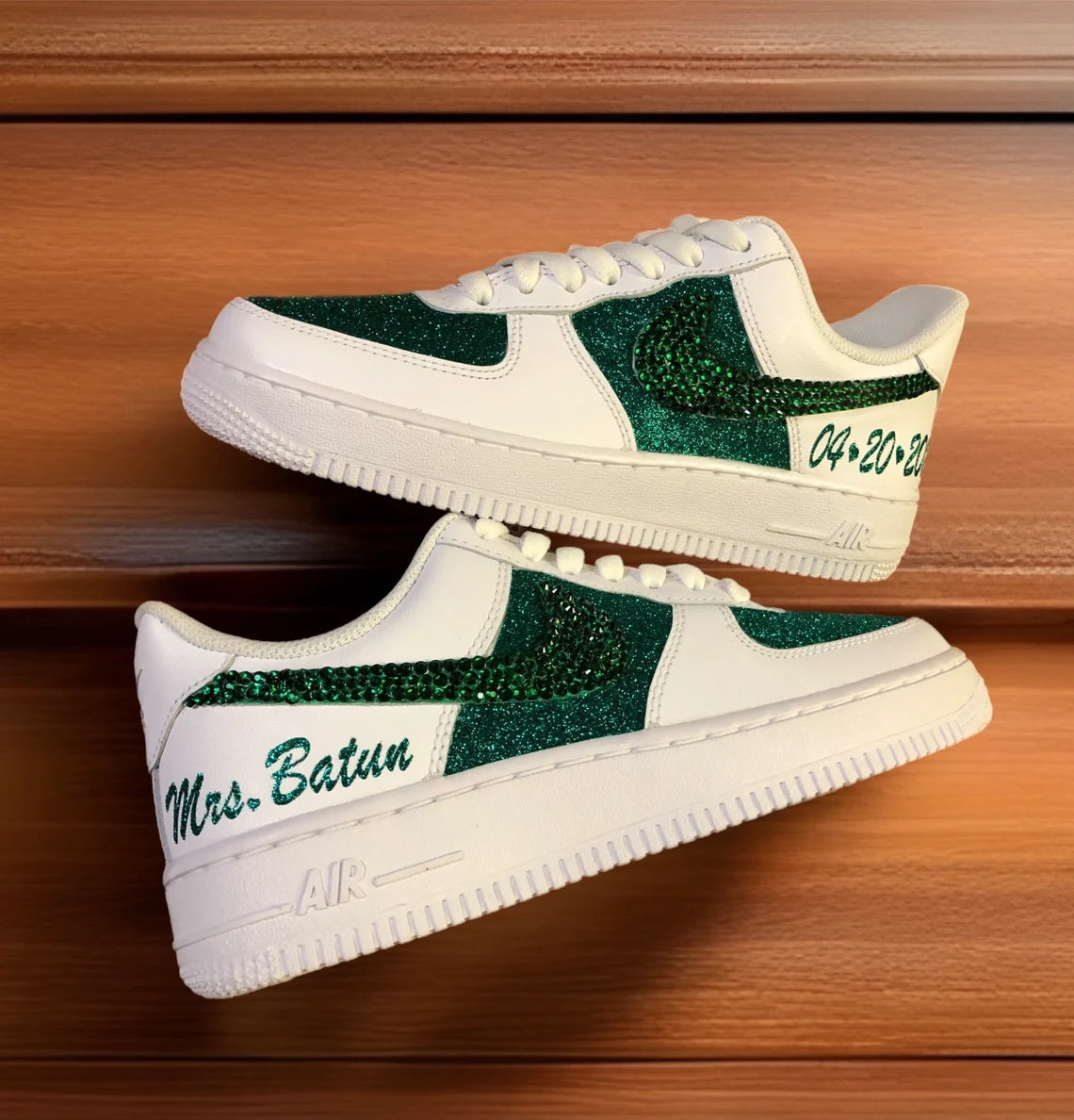 Custom Air Force 1 White Green Glitter With Rhinestones