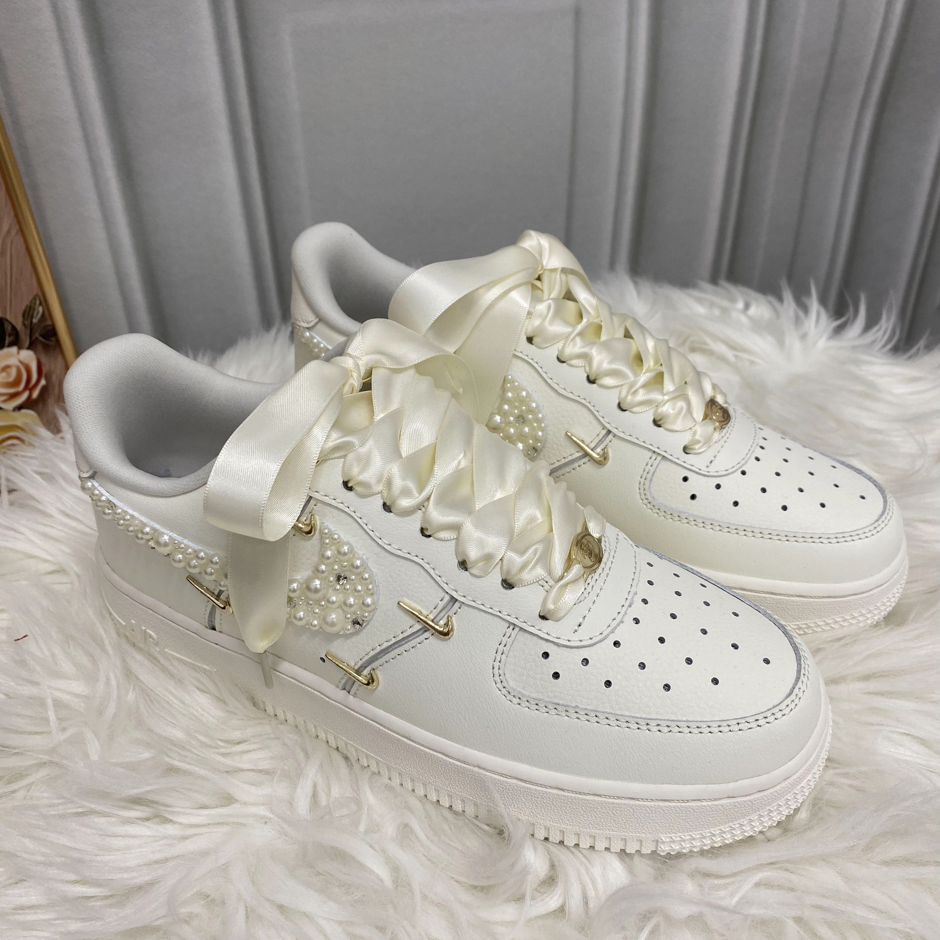 Custom Air Force 1 White Pearls And Ribbons