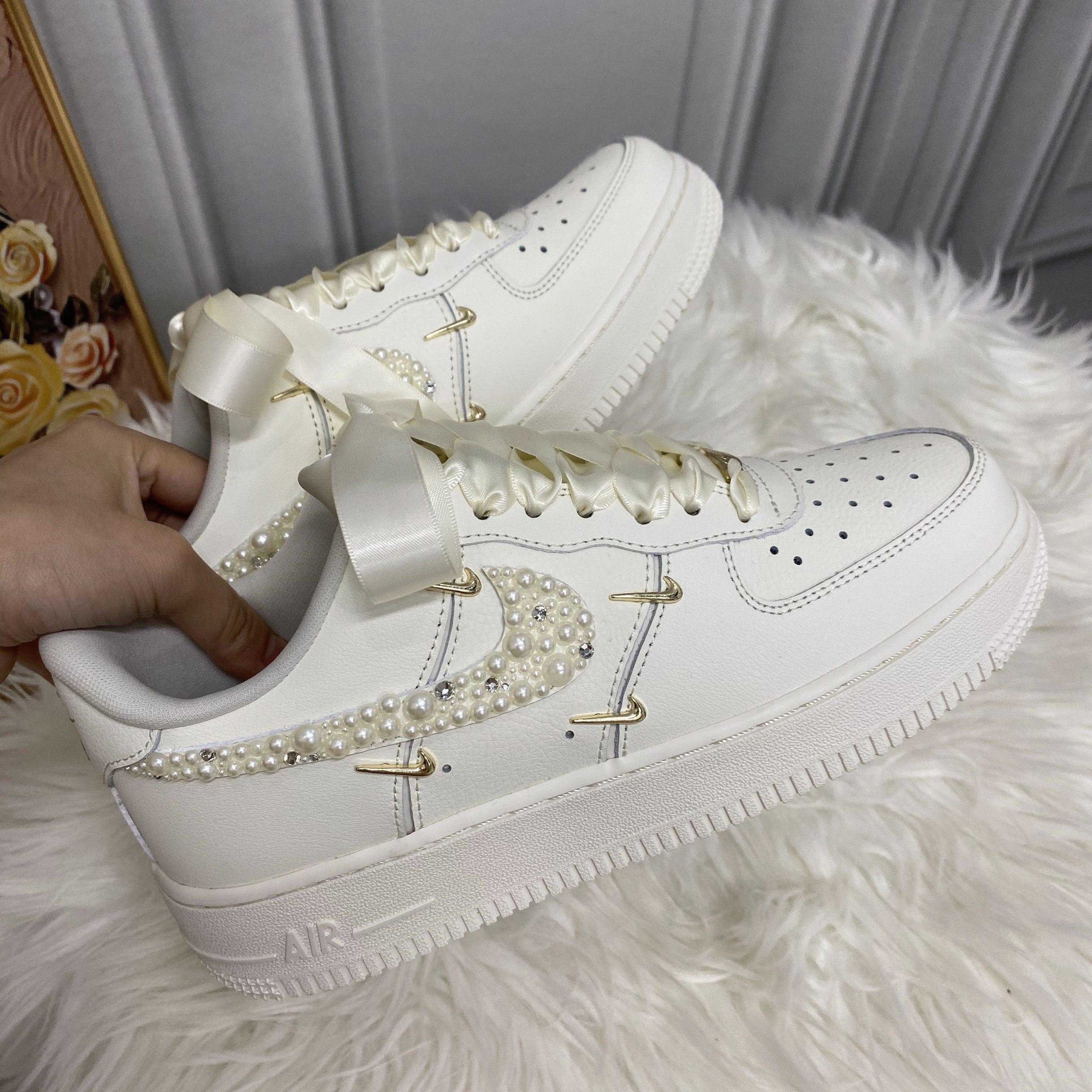 Custom Air Force 1 White Pearls And Ribbons