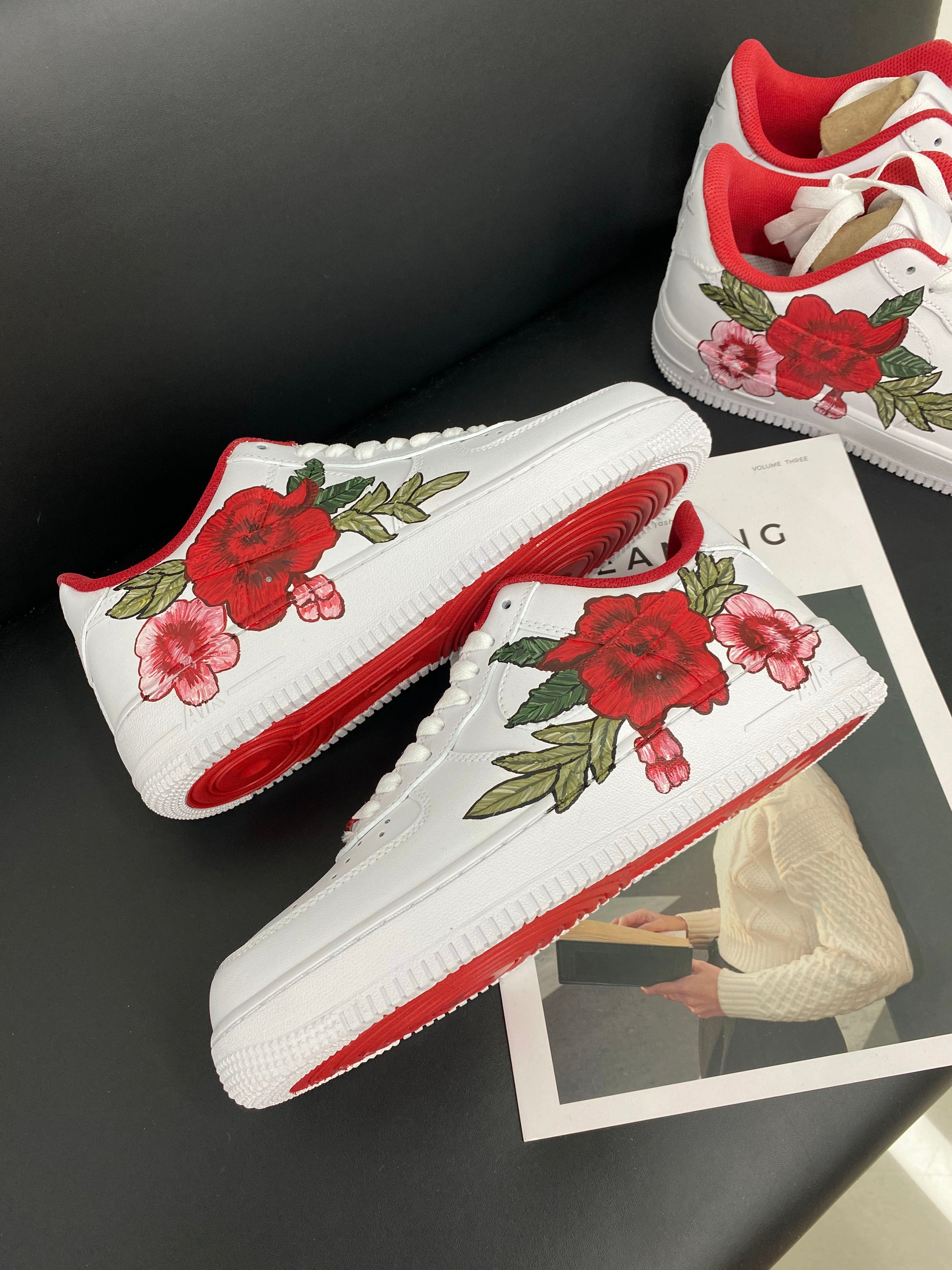 Custom Air Force 1 White Red Floral Design