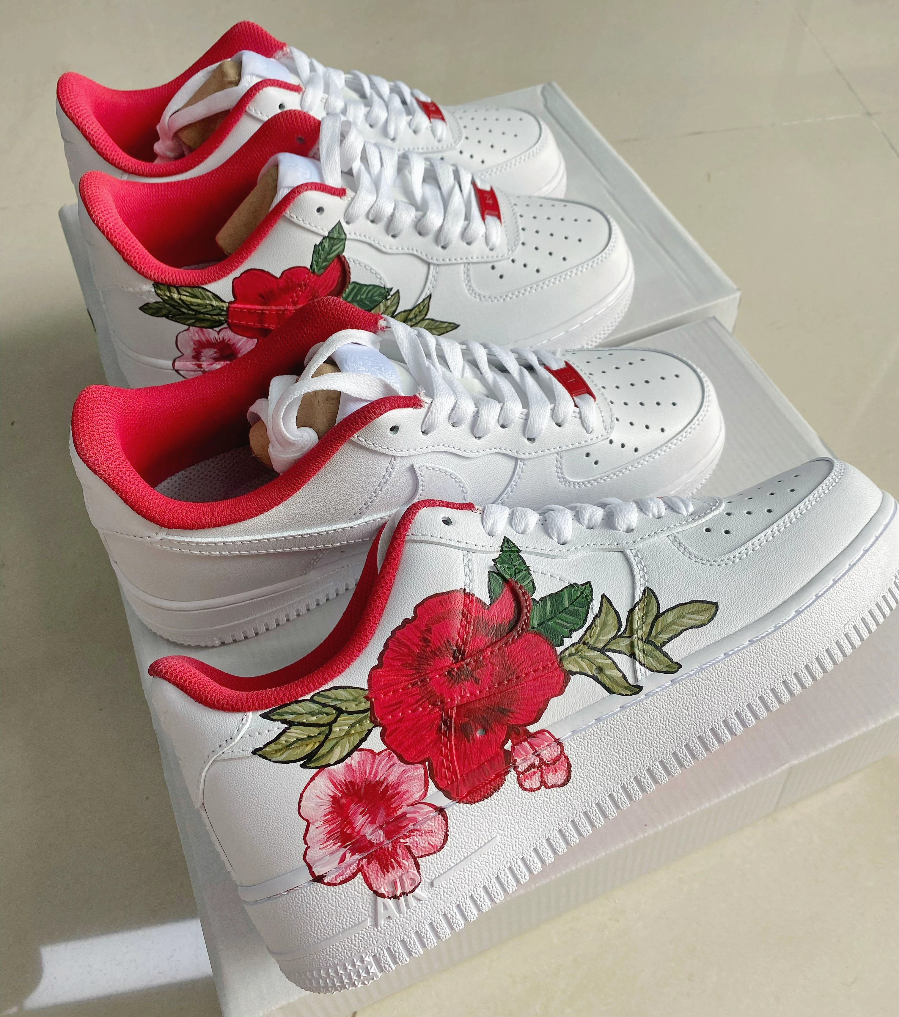 Custom Air Force 1 White Red Floral Design
