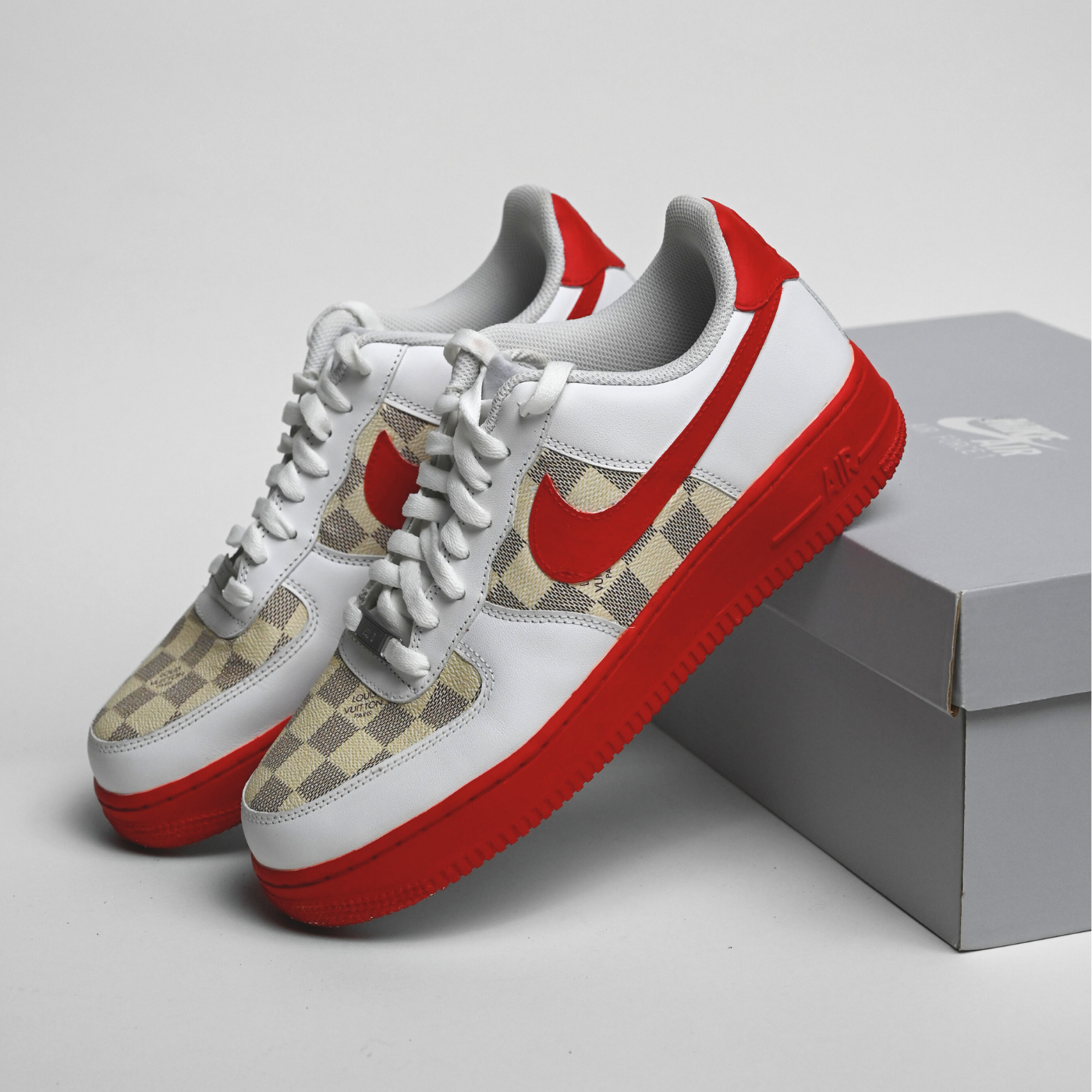 Custom Air Force 1 White Red With LV Checkerboard Pattern