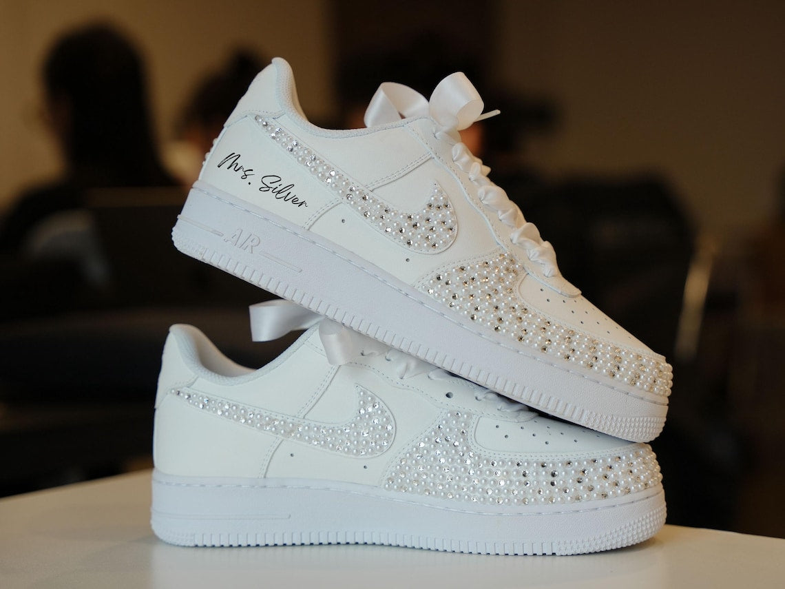 Custom Air Force 1 White Wedding Shoes With Rhinestones And Pearls