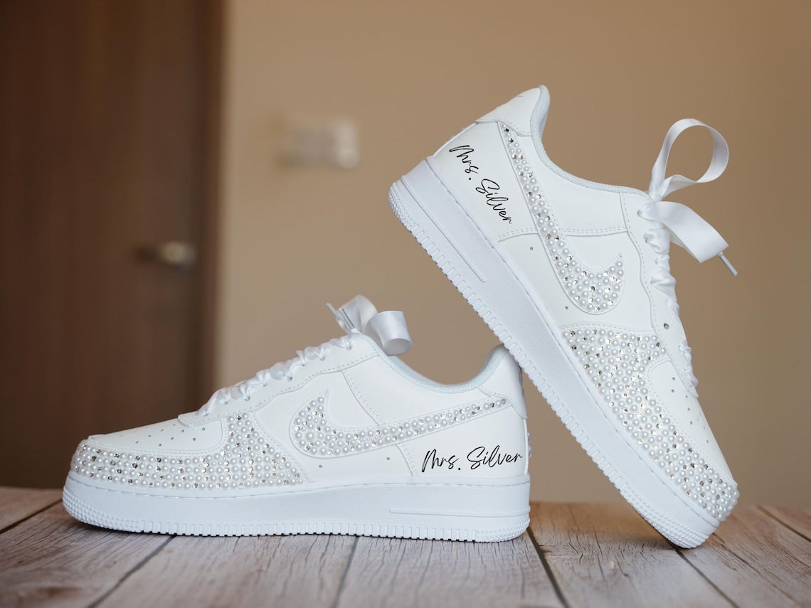 Custom Air Force 1 White Wedding Shoes With Rhinestones And Pearls