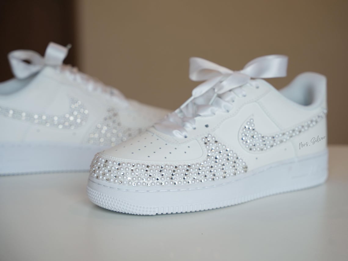 Custom Air Force 1 White Wedding Shoes With Rhinestones And Pearls