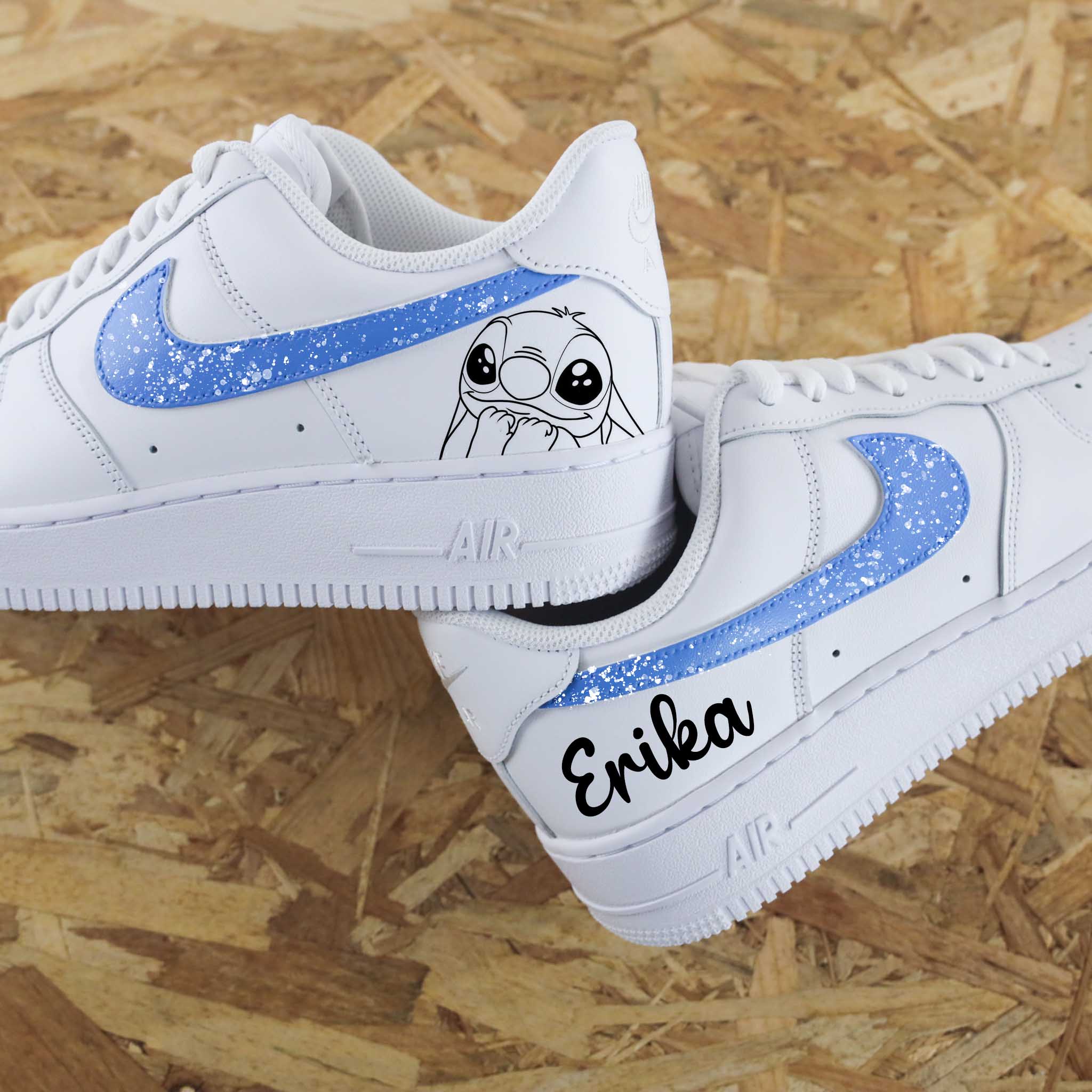 Custom Air Force 1 White With Baby Blue Glitter And Stitch Design-shecustomize