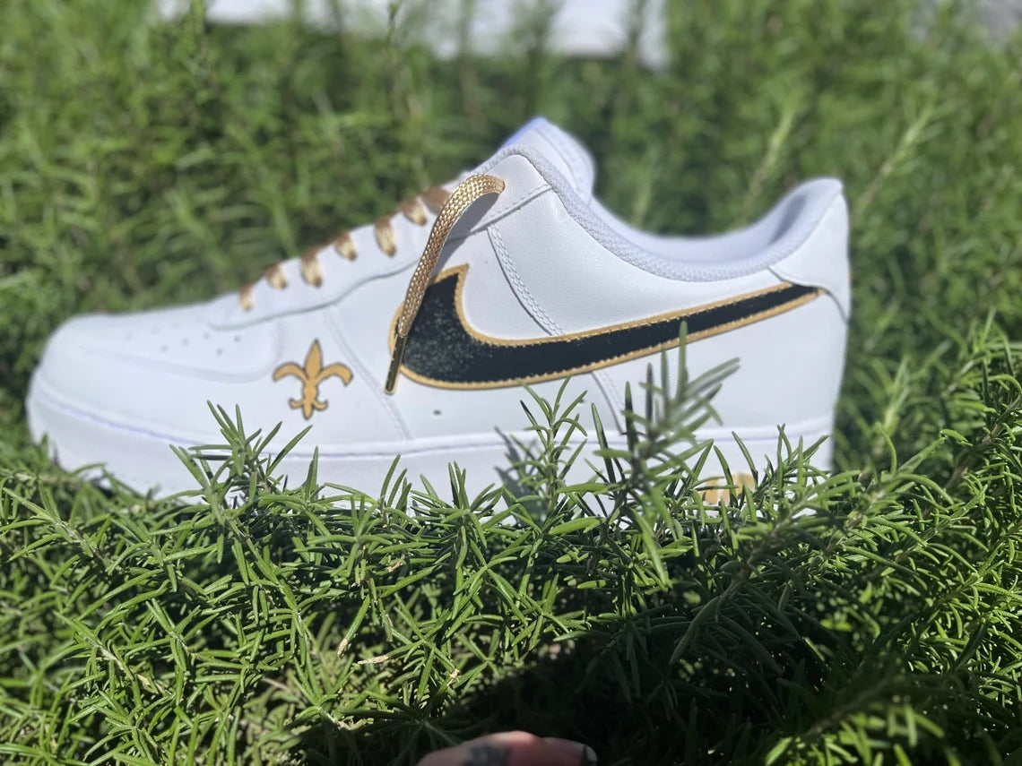 Custom Air Force 1 White With Black And Gold Accents Fleur - de - Lis Design-shecustomize