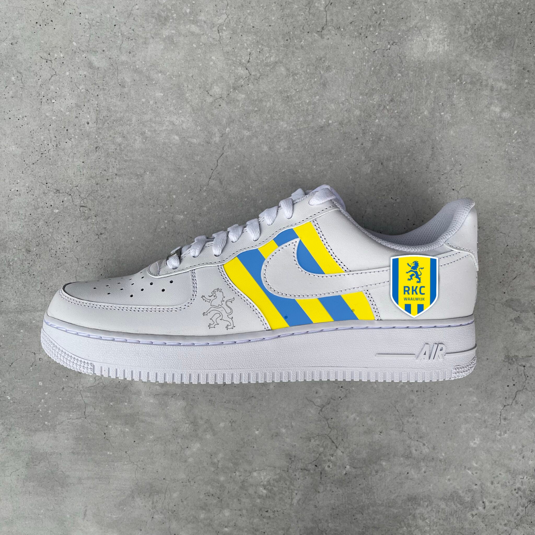 Custom Air Force 1 White With Blue And Yellow Stripes And RKC Logo-shecustomize