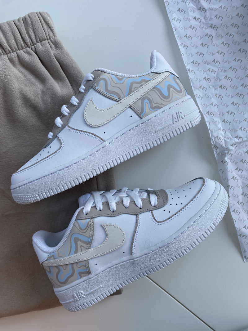 Custom Air Force 1 White With Grey And Baby Blue Wave Patterns-shecustomize
