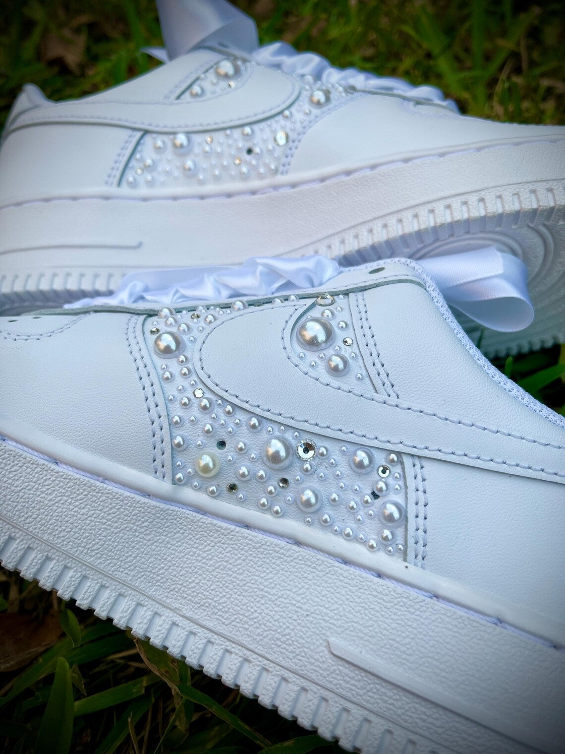 Custom Air Force 1 White With Pearls And Ribbons-shecustomize