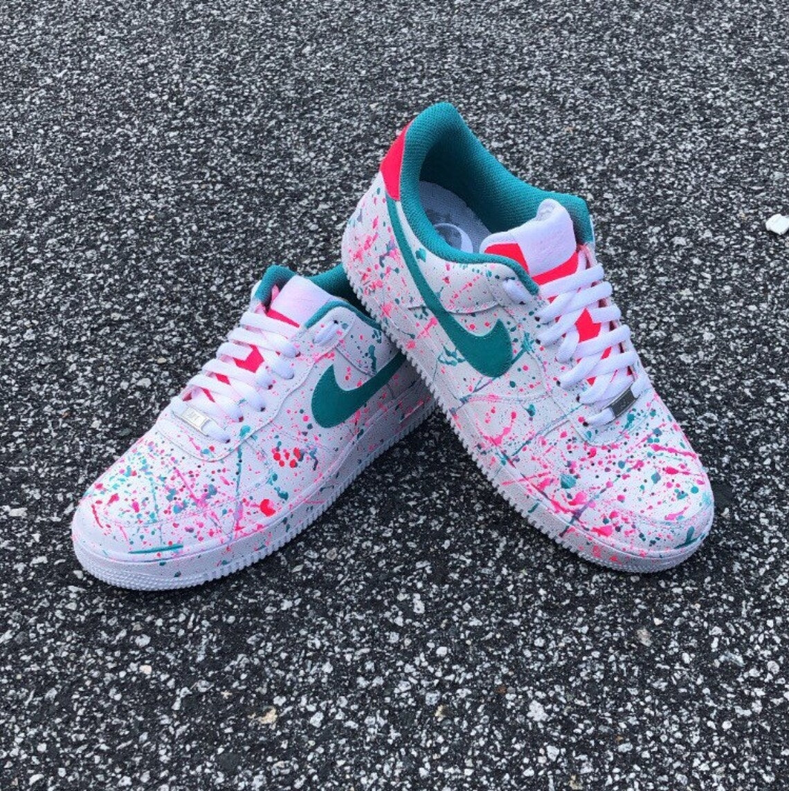 Custom Air Force 1 White With Pink And Teal Splatter