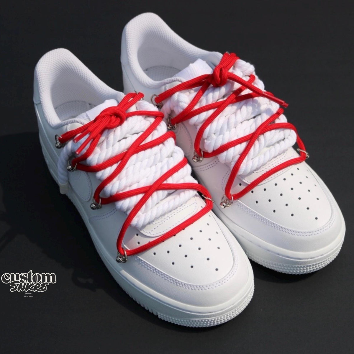 Custom Air Force 1 White With Red Rope Laces – SHECUSTOMIZE