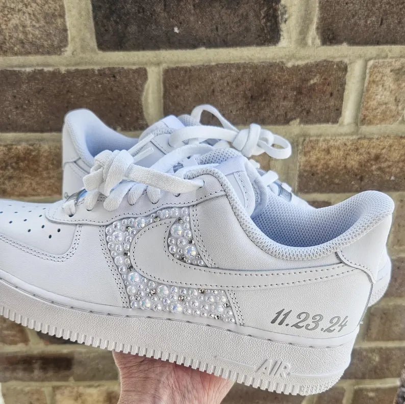 Custom Air Force 1 White With Rhinestones And Pearls