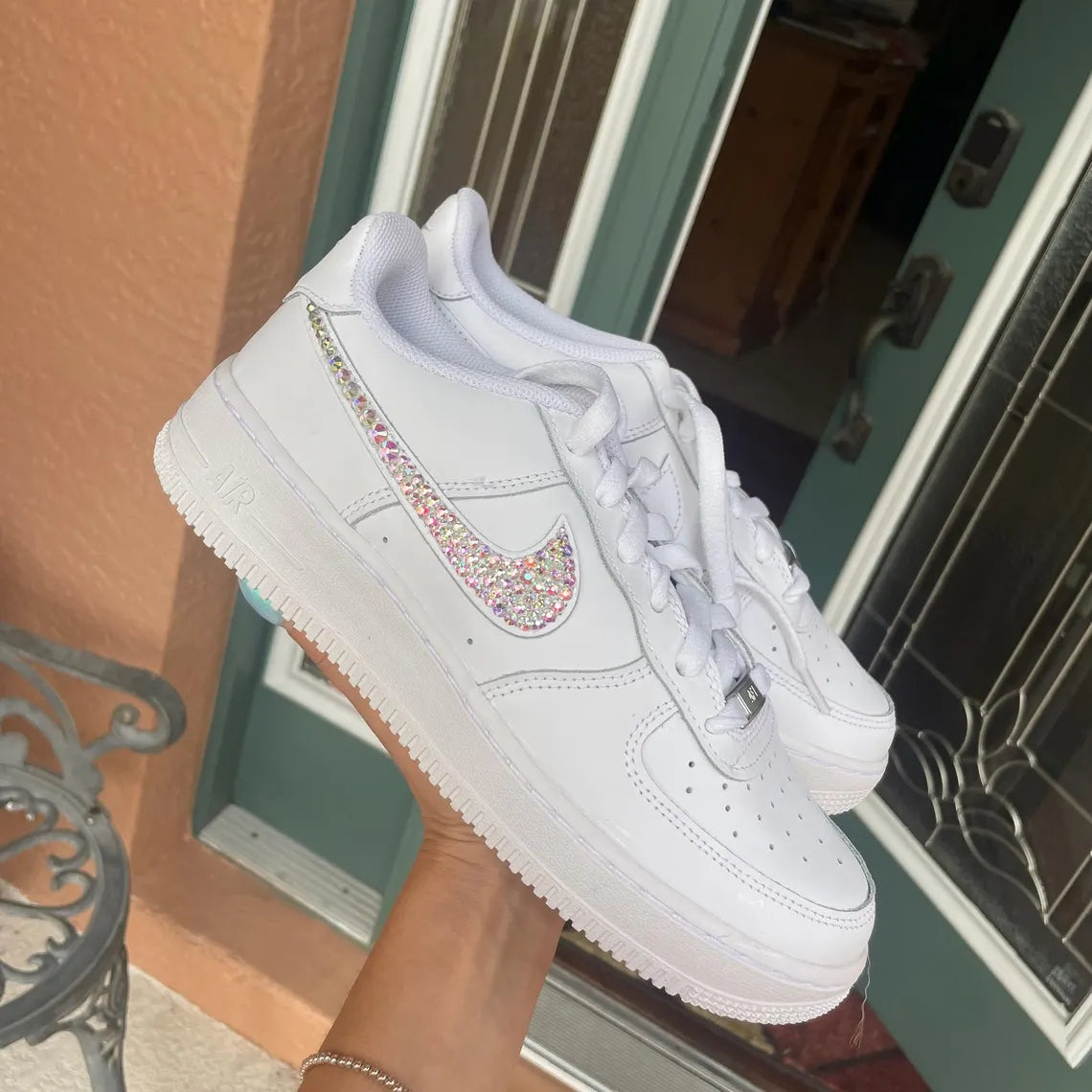 Custom Air Force 1 White With Rhinestones Swoosh-shecustomize