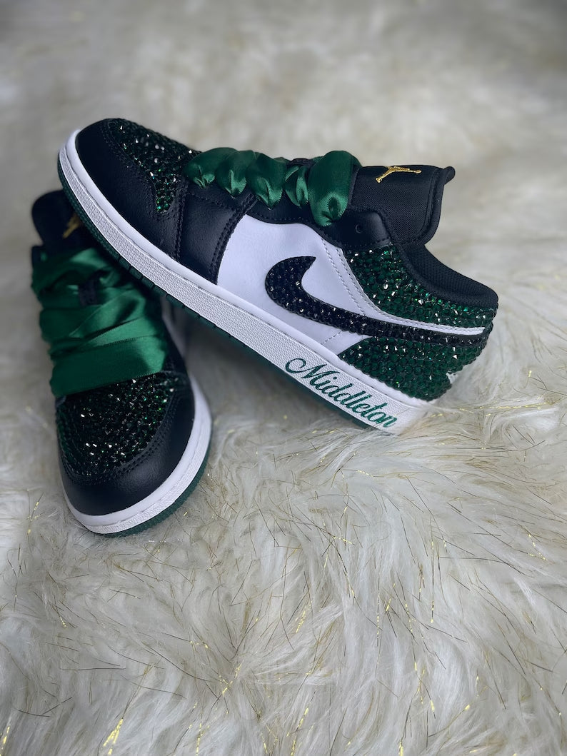 Custom Air Jordan 1 Black Green Rhinestones With Satin Laces