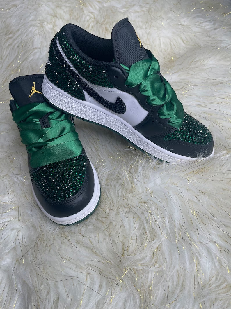 Custom Air Jordan 1 Black Green Rhinestones With Satin Laces