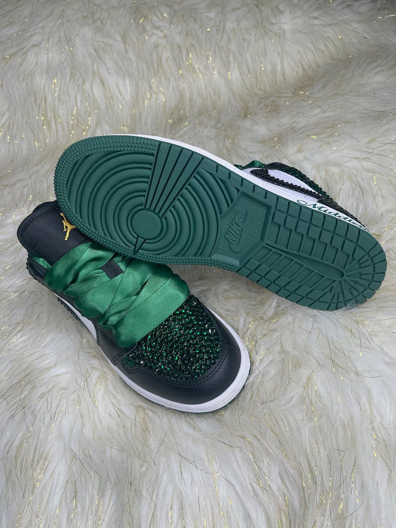 Custom Air Jordan 1 Black Green Rhinestones With Satin Laces