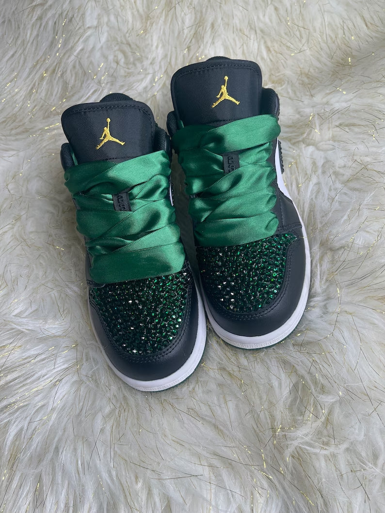 Custom Air Jordan 1 Black Green Rhinestones With Satin Laces