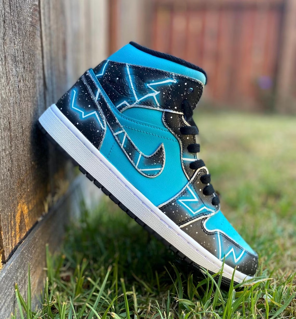 Custom Air Jordan 1 Black Teal Star Pattern