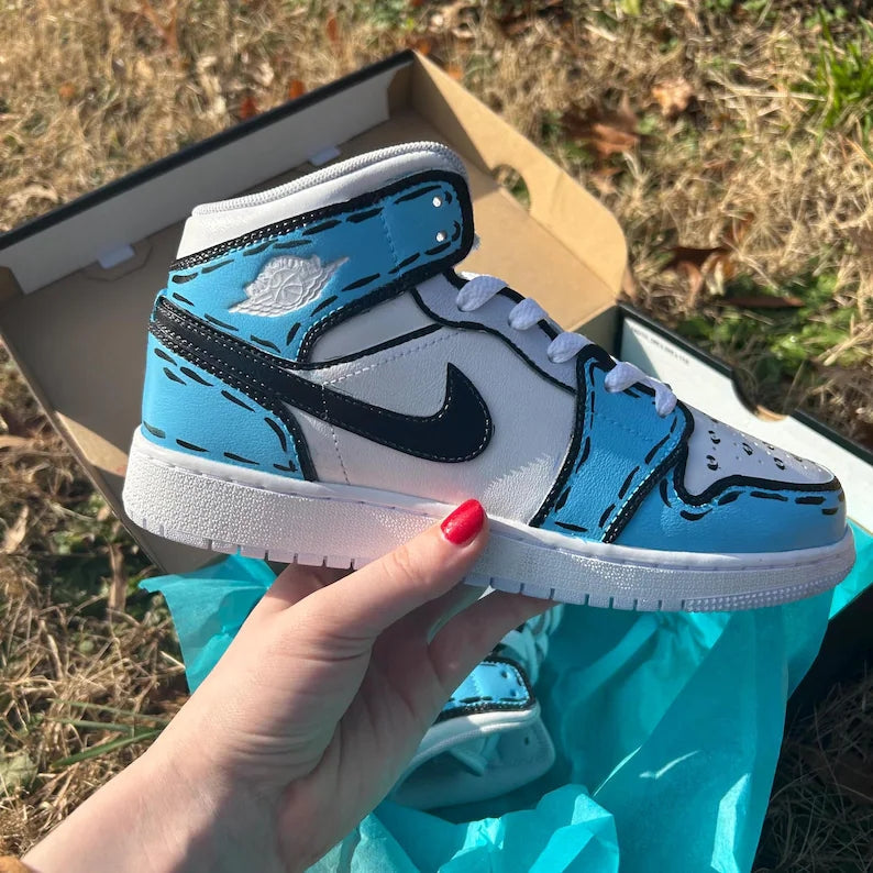 Custom Air Jordan 1 Blue Cartoon Pattern