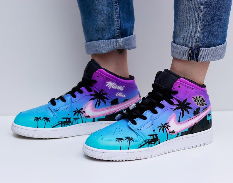 Custom Air Jordan 1 Blue Purple Coconut Tree Black Silhouette