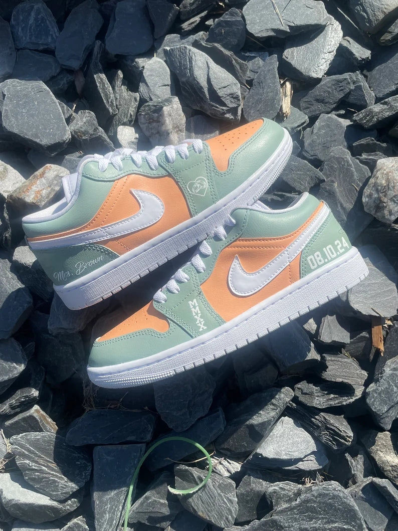 Custom Air Jordan 1 Mint Green Orange With Heart And Date Patterns
