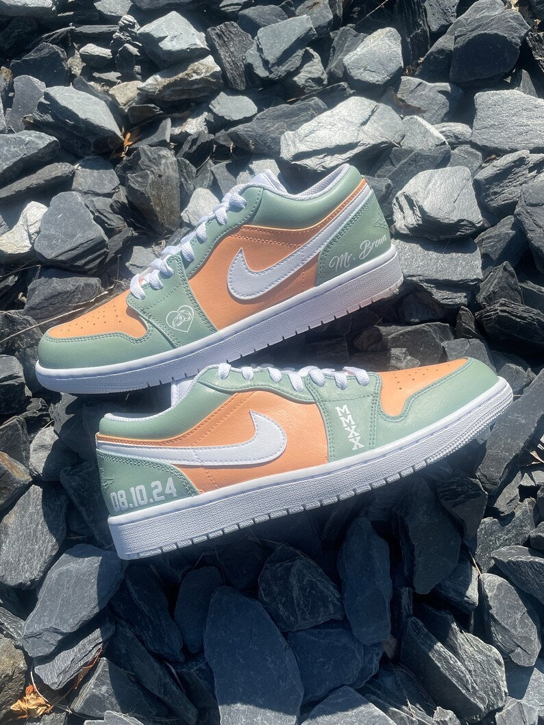 Custom Air Jordan 1 Mint Green Orange With Heart And Date Patterns