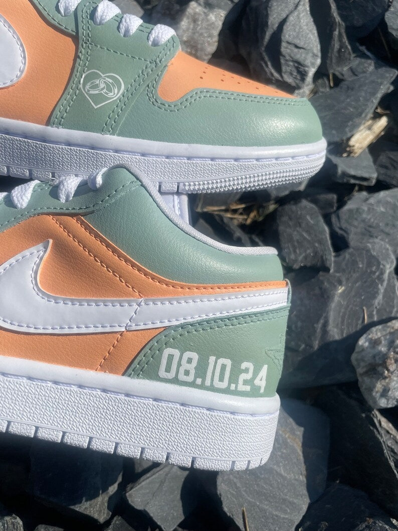 Custom Air Jordan 1 Mint Green Orange With Heart And Date Patterns