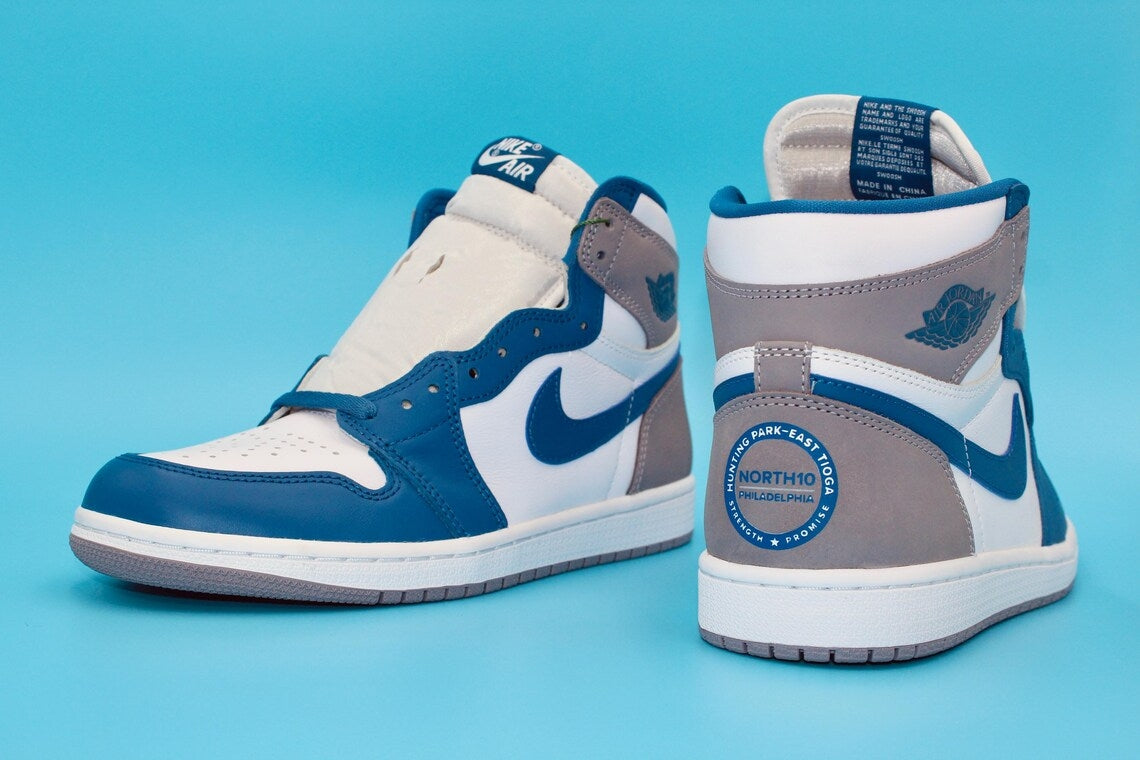 Custom Air Jordan 1 White Blue Gray Circle Logo Design-shecustomize