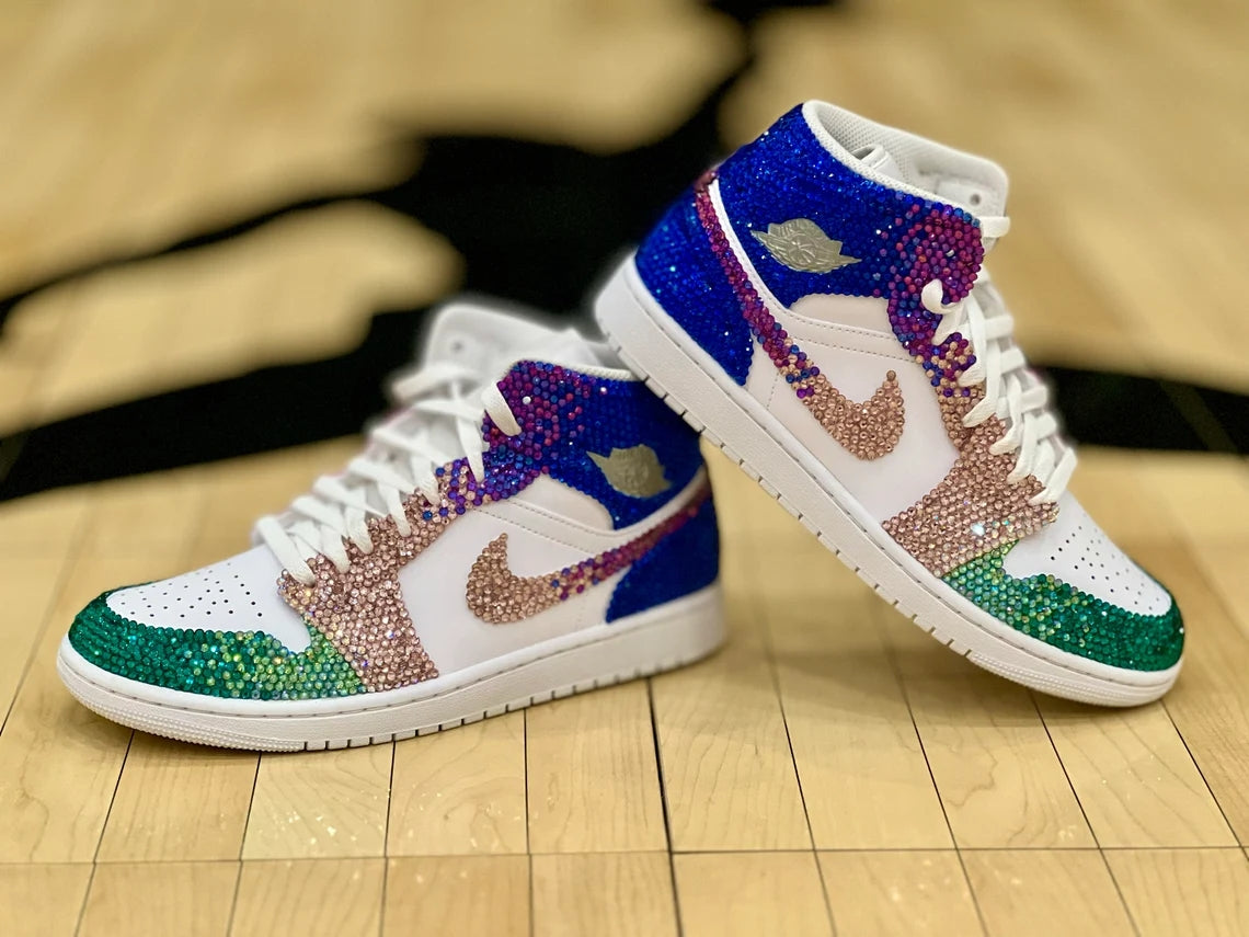 Custom Air Jordan 1 White Blue Green With Rhinestones-shecustomize