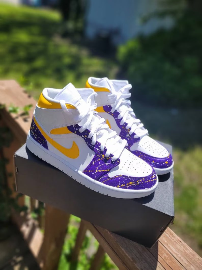 Custom Air Jordan 1 White Purple Yellow Splatter Design