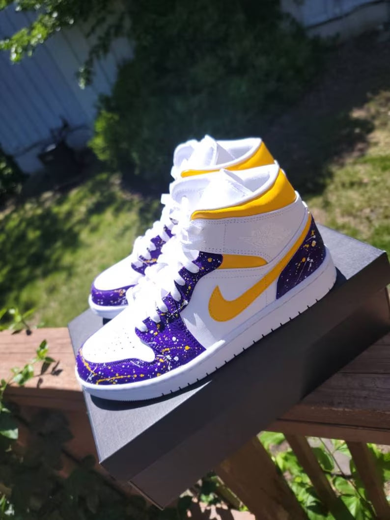 Custom Air Jordan 1 White Purple Yellow Splatter Design