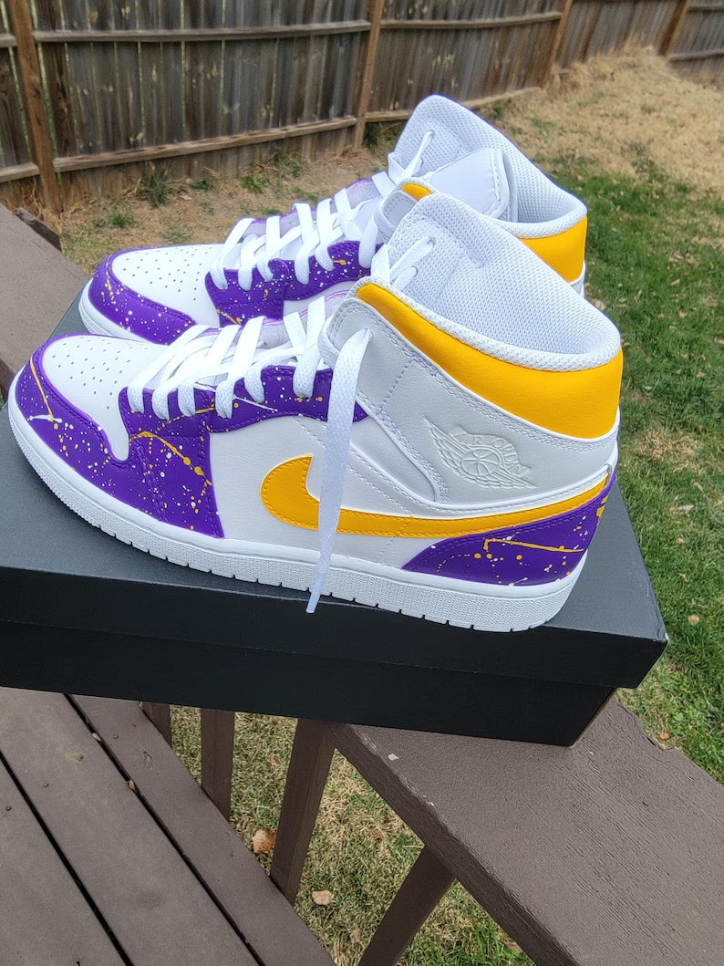 Custom Air Jordan 1 White Purple Yellow Splatter Design